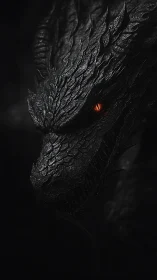Obsidian dragon portrait with glowing ember eye in deep shadow.