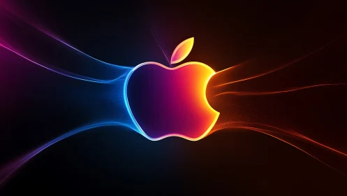Glowing gradient apple emblem with dynamic neon light trails