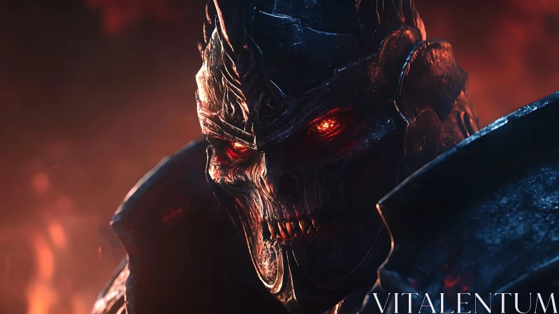 Armored skeletal warlord with burning red eyes in firelit scene.