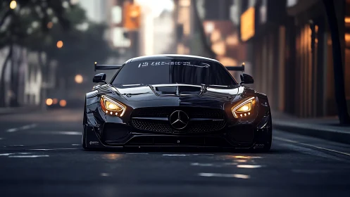 Low-angle frontal render of black Mercedes sports car at dusk