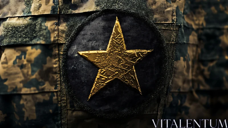 Textured golden star insignia centered on tactical camouflage