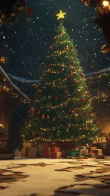 Vertically framed snowy courtyard scene centers illuminated Christmas tree