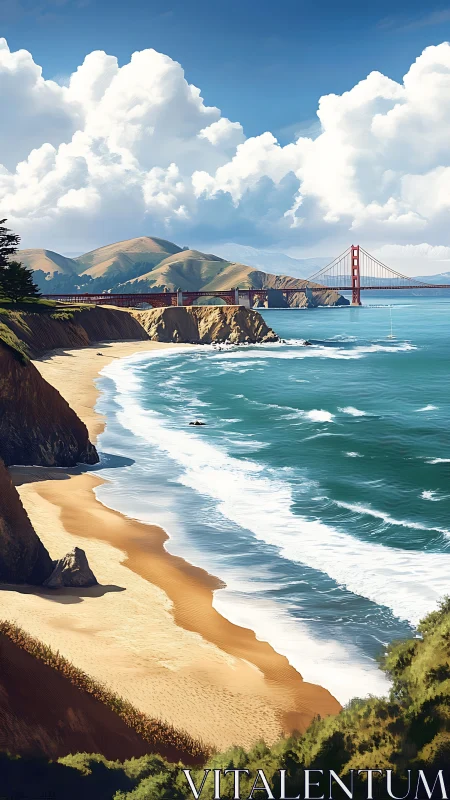 Golden coast waves roll gently toward a distant red bridge