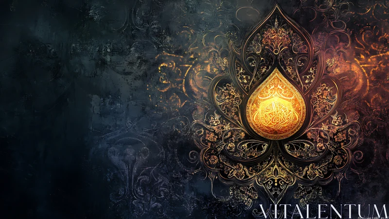 Ornate golden Arabic calligraphy glows inside dark floral mandala