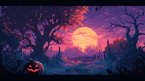 Jack o lantern glows beside haunted forest path at sunset