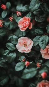 Coral Roses in Deep Botanical Garden Composition.