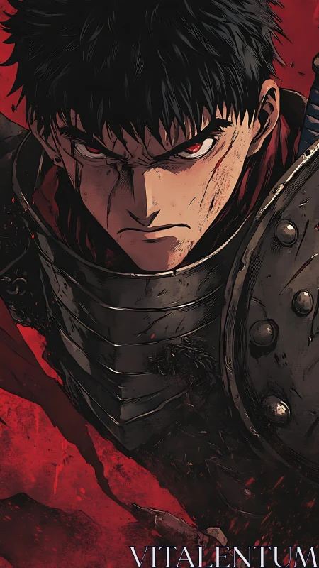 Brooding warrior in blood-red storm pauses before battle.