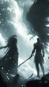 Dark fantasy warriors confront skyborn dragon in stormlit void.