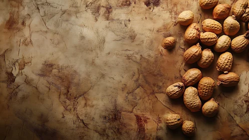 Whole peanuts scattered on textured brown stone surface.