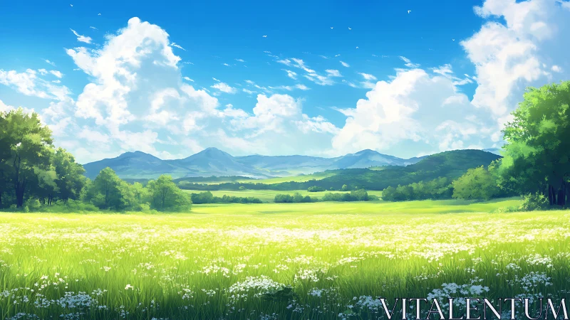 Sunlit meadow and distant mountains under gentle summer sky.