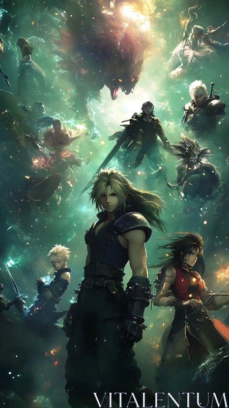 Stormlit fantasy warriors beneath astral beast onslaught.