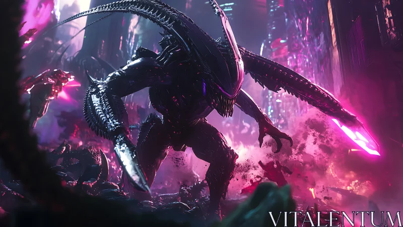 Alien creature charges through neon city battlefield at night