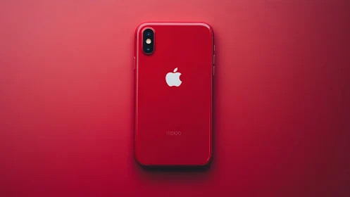 Red iPhone on Crimson Background with Dual Camera Setup