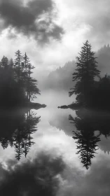 Calm misty lake cradled by tall pines and soft gray skies.