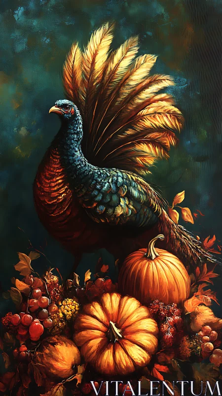 Regal turkey stands over pumpkins and autumn harvest still life
