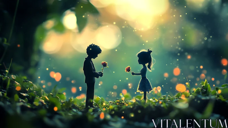 Two Silhouettes Share Blooms in Golden Sunlight.