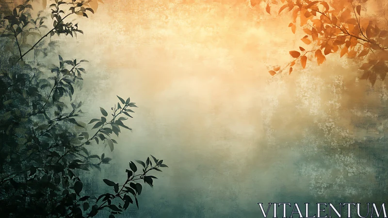 Whispering foliage framing a dawnlit misty sky window.