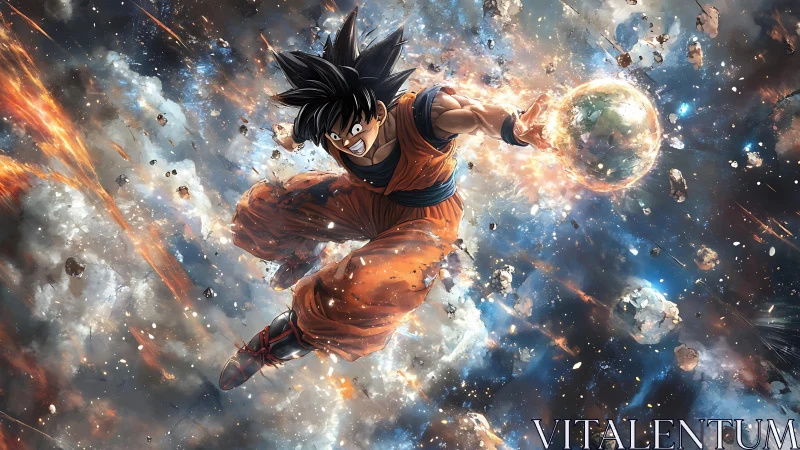 Energetic martial hero channeling cosmic plasma sphere.