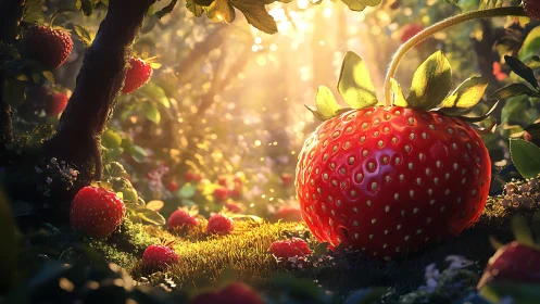 Macroscopic forest microcosm with oversized sunlit strawberry.