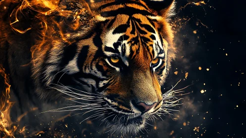 Ember crowned tiger strides through molten shadowed dusk.