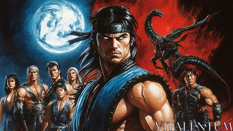 Martial warriors under lunar light and infernal storm.