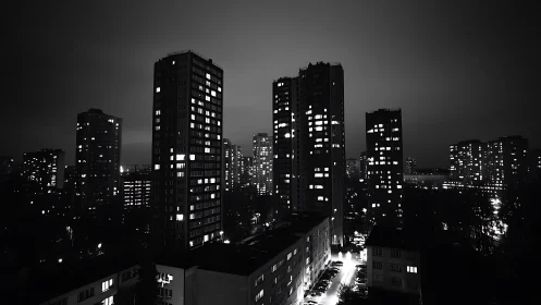 Monochrome high-rise city skyline with illuminated grid windows.