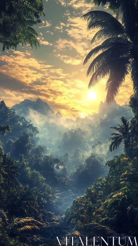 Tropical Sunrise Emerges Through Misty Jungle Canopy