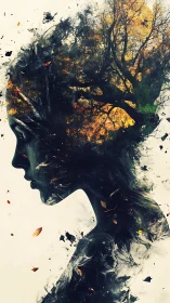 Side profile silhouette merges with dense autumn tree canopy