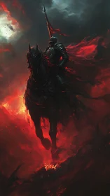 Armored war rider emerging through infernal crimson storm.