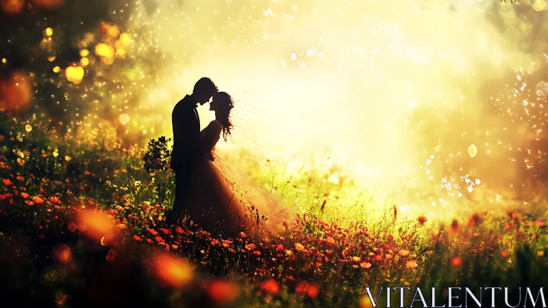 Couple Embracing in Glowing Poppy Field at Sunset