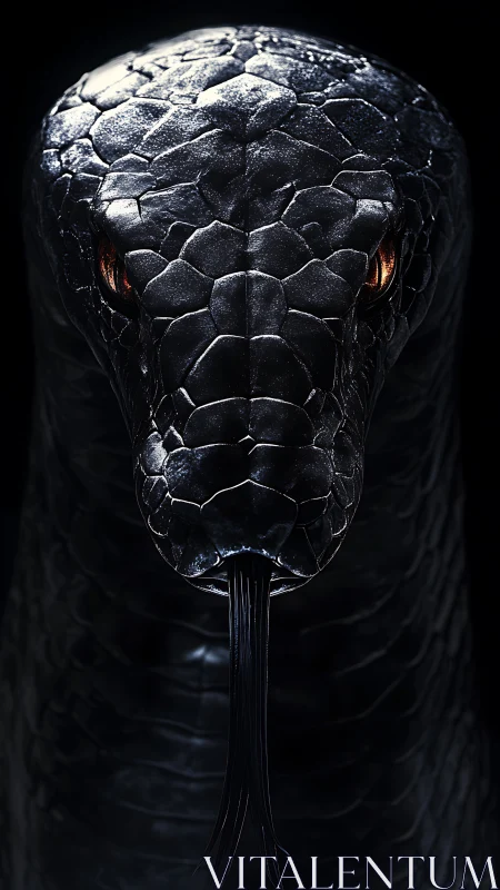 Serpentine predator emerges from darkness with fiery gaze.