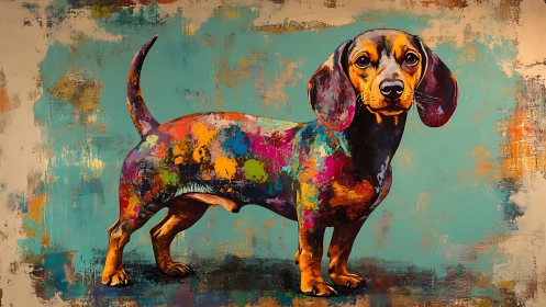 Vivid dachshund portrait in expressive splatter colors.