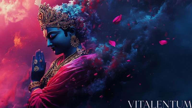 Blue deity figure in profile amid swirling cosmic clouds.