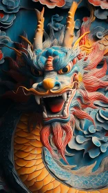 Carved dragon relief with high-chroma scales and sculpted cloud depth