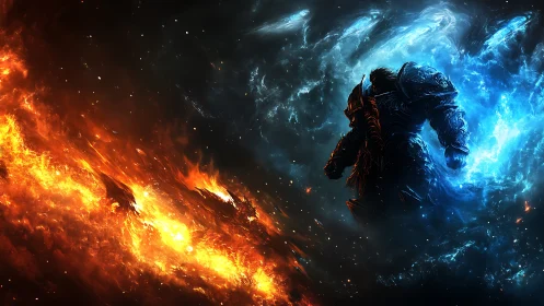 Armored figure between opposing fire and ice energies.