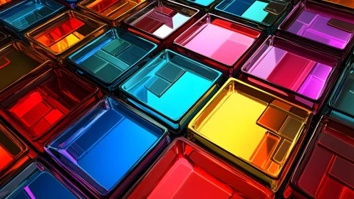 Geometric grid of reflective multicolored glass squares.