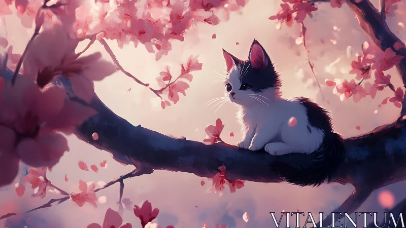 Anime Cat Sitting on Branch Under Pink Cherry Blossom