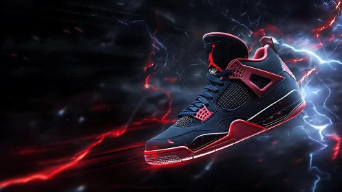 Electric blue and red basketball sneaker in motion display.