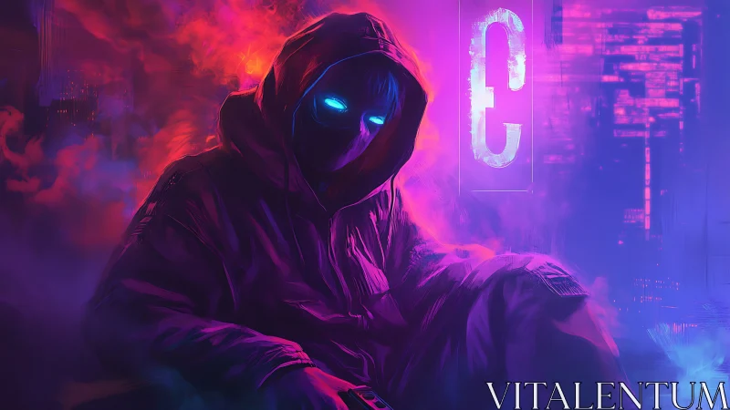 Hooded figure with neon blue eyes in vaporwave environment.