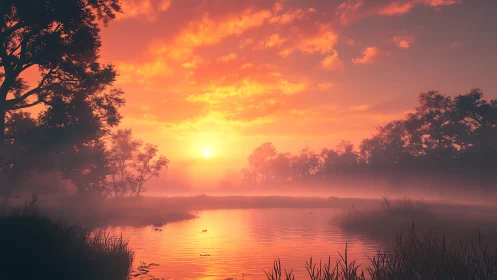 Sunlit mist over calm forest lake at vivid sunrise.