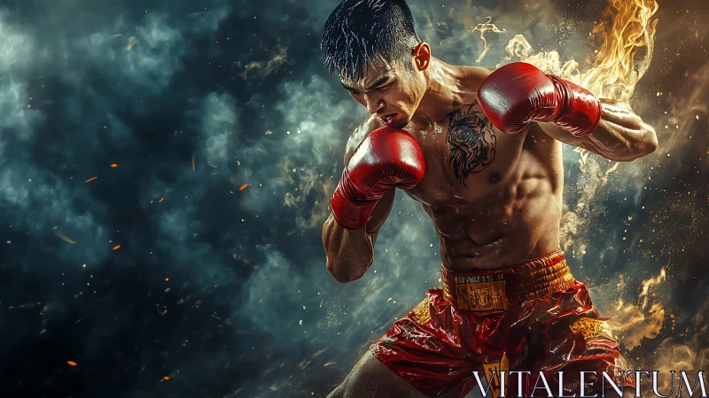 Athletic boxer mid-punch with dramatic cinematic fire and smoke effects.