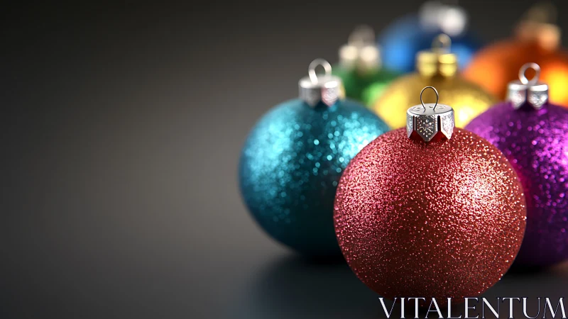 Glitter-coated Christmas baubles under shallow depth-of-field lighting