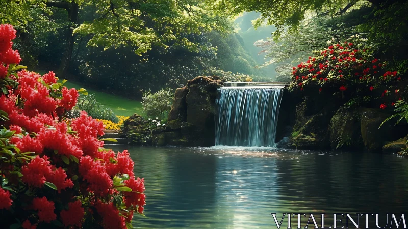Tranquil Garden Waterfall with Lush Greenery and Red Flowers.