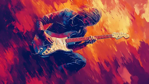 Guitarist plays electric guitar in intense abstract flames