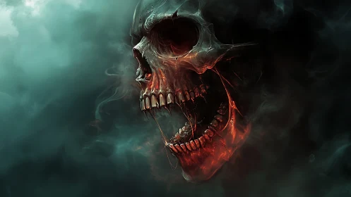 Burning spectral skull emerges from swirling toxic fog