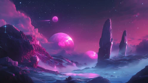 Neon magenta exoplanet landscape with monolith spires and twin moons.