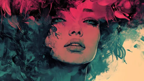 Dreamy painted portrait glowing in teal and rose light.