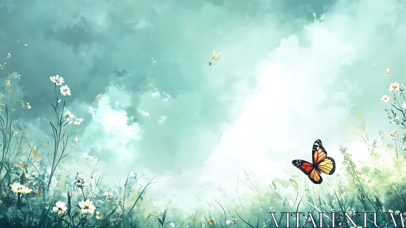 Butterflies over soft green meadow under bright cloudy sky.