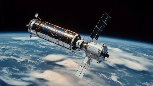Orbital spacecraft module above Earth’s cloud-covered surface.