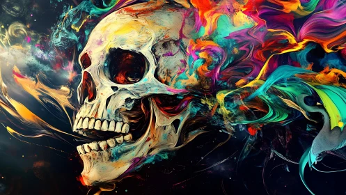 Vivid human skull dissolves into swirling neon color storm.